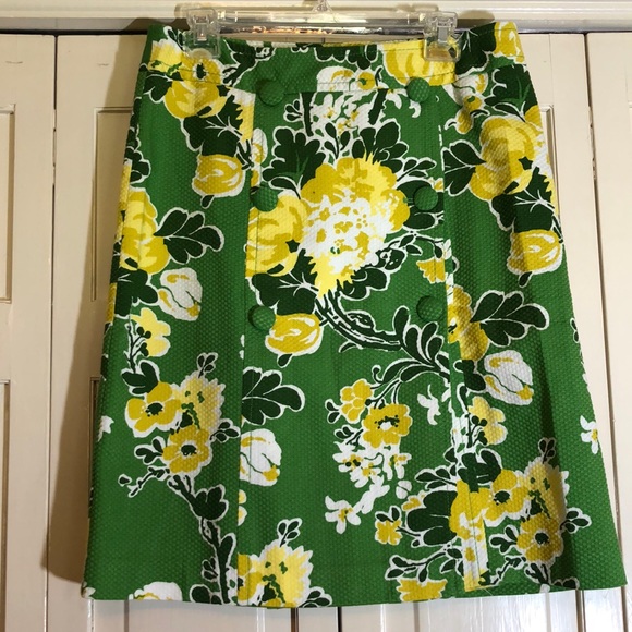 Talbots Kermit Green Yellow Cotton Floral A-Line Skirt Side Zip SZ 8 - Picture 1 of 8